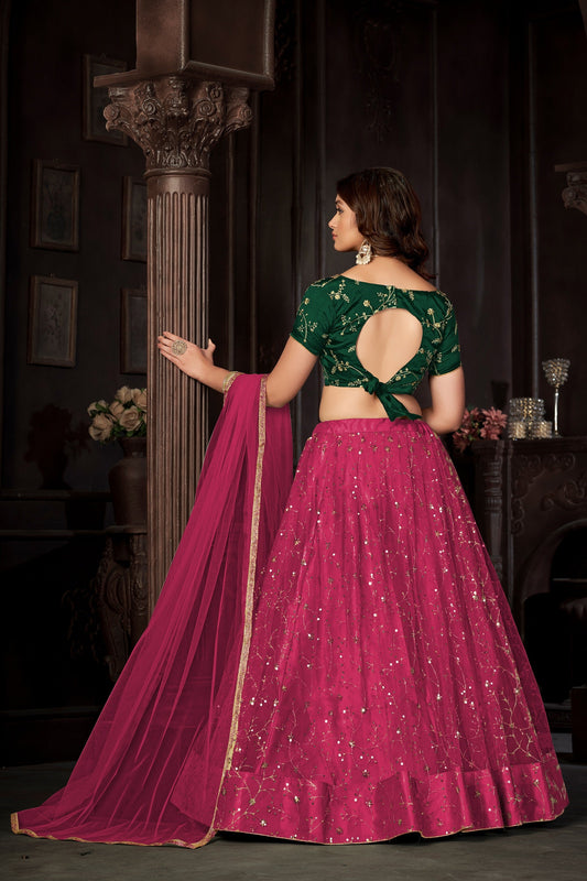 Magenta Embroidered Net Lehenga Choli