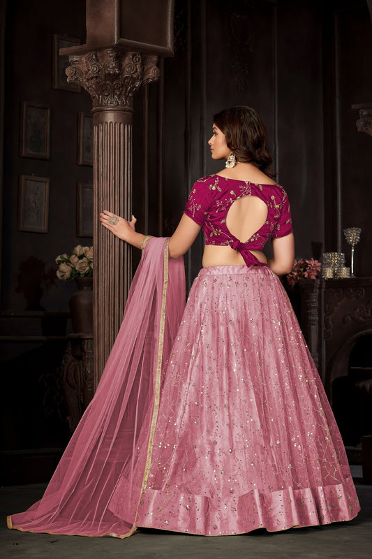 Baby Pink Embroidered Net Lehenga Choli