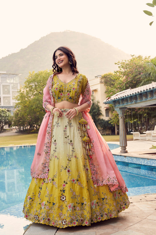 Yellow Embroidered Designer Organza Lehenga Choli