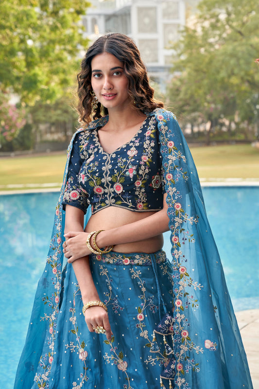 Blue Embroidered Designer Organza Lehenga Choli