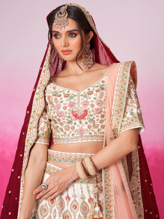 Pure Silk Embroidered Cream Bridal Lehenga Choli