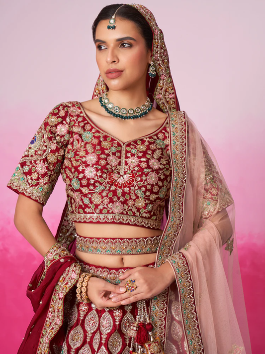 Pure Silk Embroidered Red Bridal Lehenga Choli