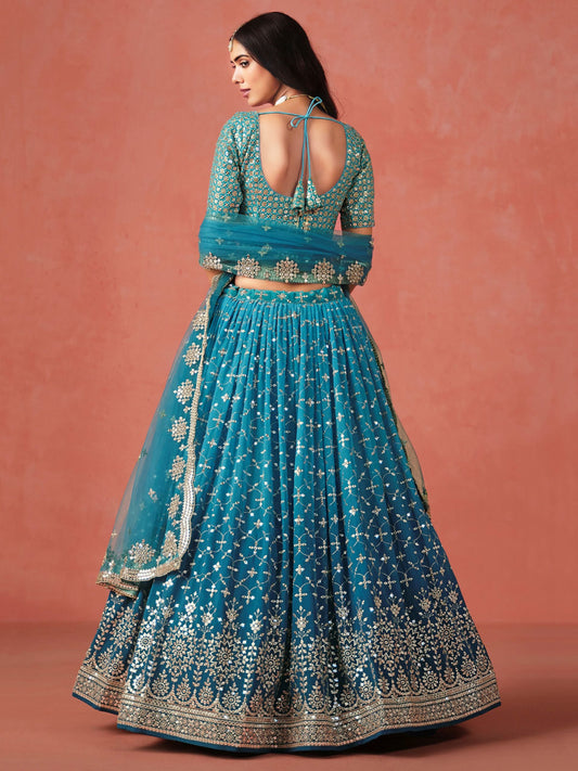 Rama Blue Georgette Embroidered Zari Work Lehenga Choli
