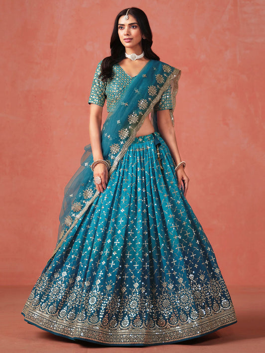 Rama Blue Georgette Embroidered Zari Work Lehenga Choli