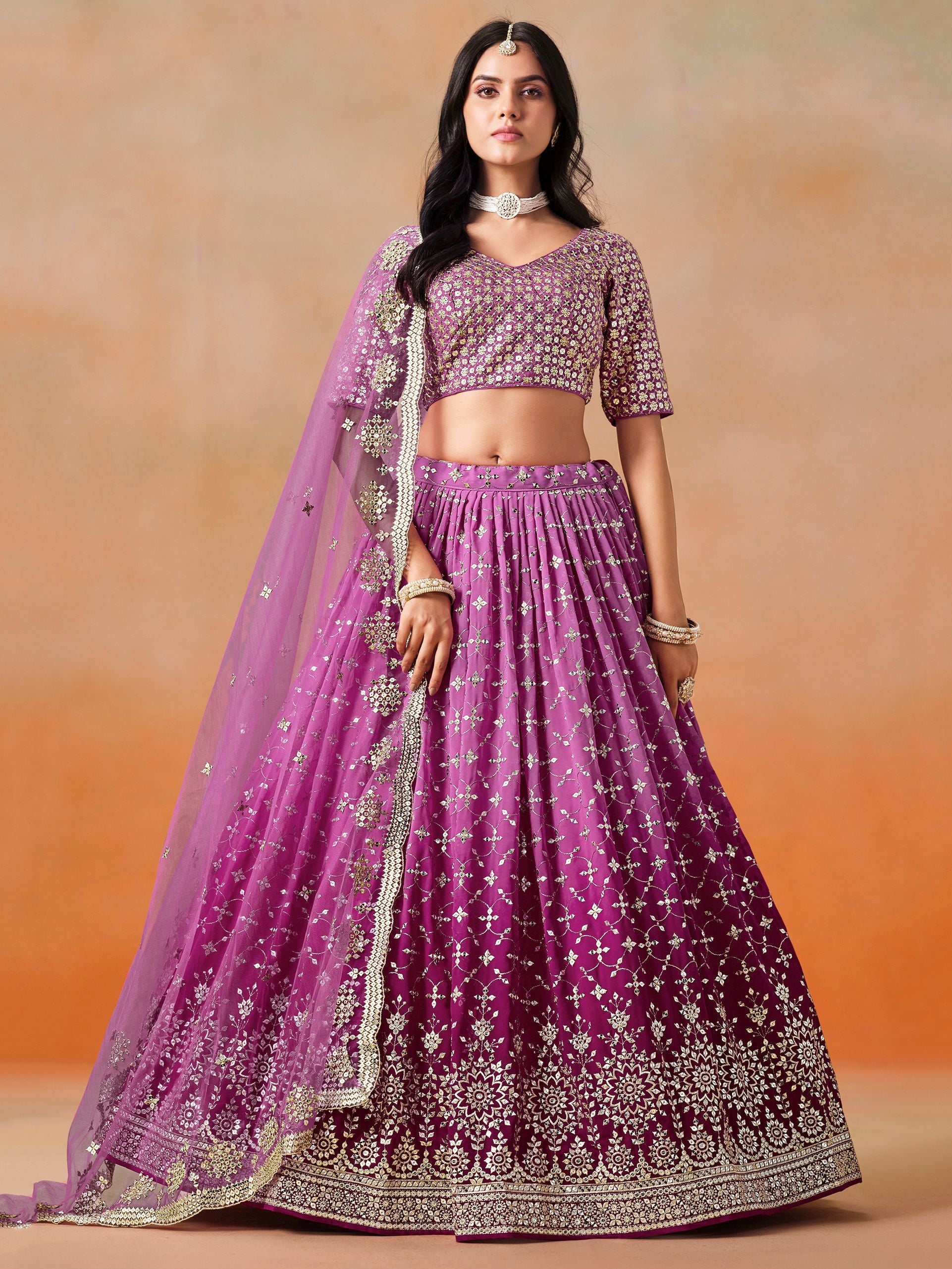 Purple Zari Embroidered Georgette Lehenga Choli