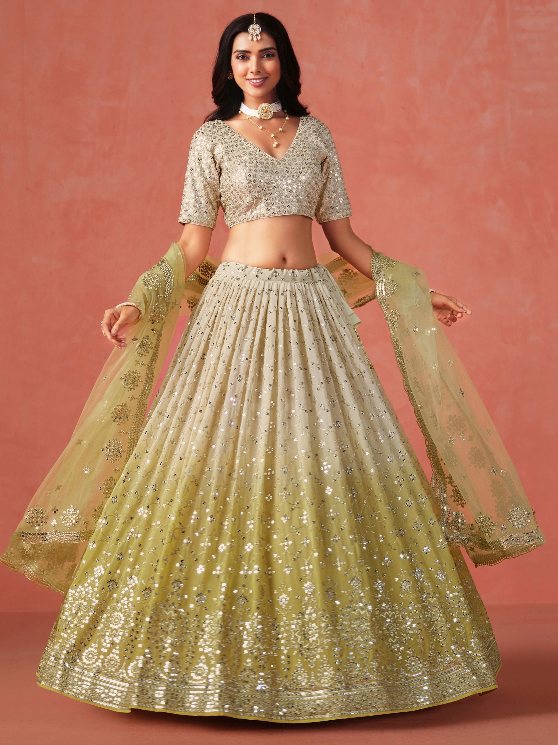 Yellow Georgette Embroidered Zari Work Lehenga Choli