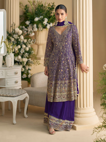 Georgette Embroidered Palazzo Suit in Purple
