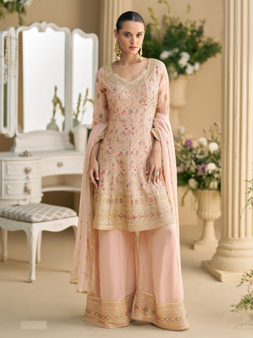 Georgette Embroidered Palazzo Suit in Peach