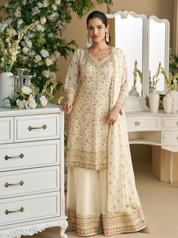 Georgette Embroidered Palazzo Suit in White