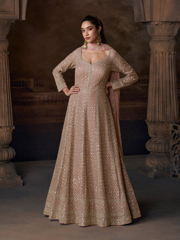 Chinon Embroidered Anarkali Suit in Peach
