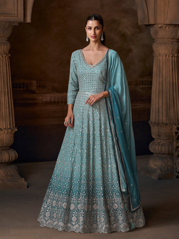 Chinon Embroidered Anarkali Suit in Sky Blue