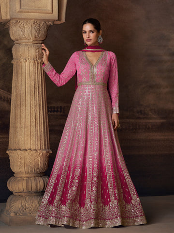 Chinon Embroidered Anarkali Suit in Pink