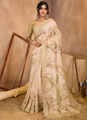 Beige Linen Sequins Woven Printed Saree
