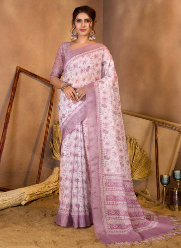 Lavender Linen Sequins Woven Printed Saree