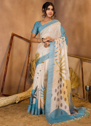 Sky Blue Linen Sequins Woven Printed Saree
