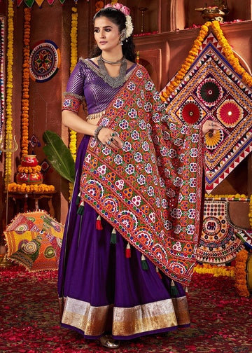Purple Silk Embroidered Navratri Lehenga Choli