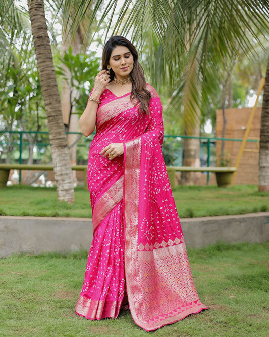 Rani Pink Soft Dola Silk Saree With Bandhej Print