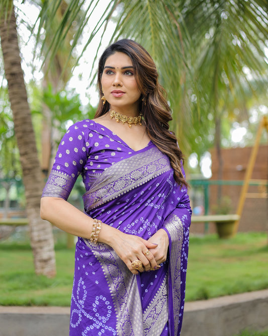 Violet Soft Dola Silk Saree With Bandhej Print