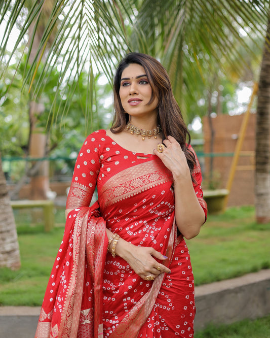 Red Soft Dola Silk Saree With Bandhej Print