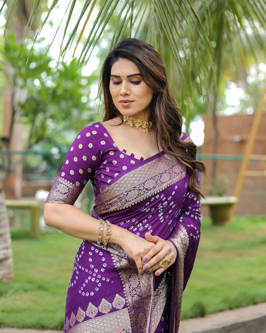 Purple Soft Dola Silk Saree With Bandhej Print