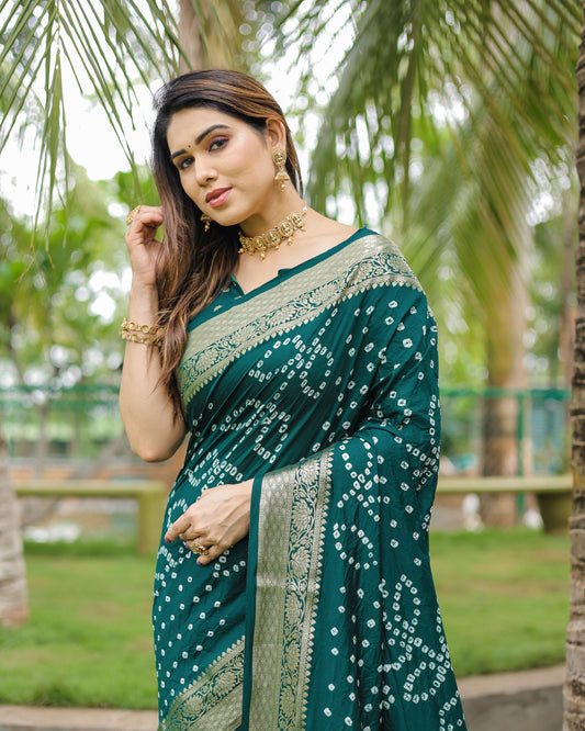 Green Soft Dola Silk Saree With Bandhej Print