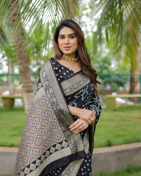 Black Soft Dola Silk Saree With Bandhej Print