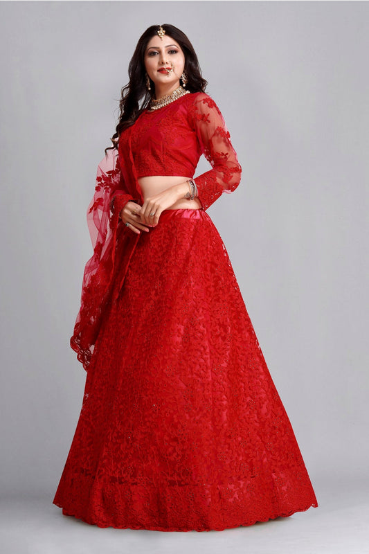 Red Embroidered Designer Net Lehenga Choli