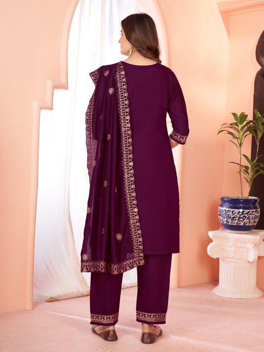 Wine Viscose Chanderi Sequins Embroidered Salwar Kameez