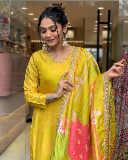 Yellow Natural Crepe Sequins Embroidered Salwar Kameez