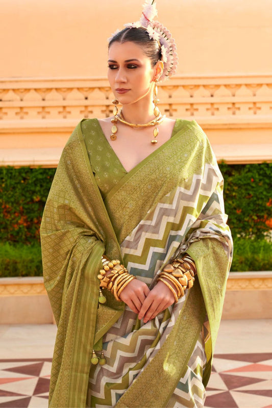 Olive Green Foil Print Zari Woven Silk Saree