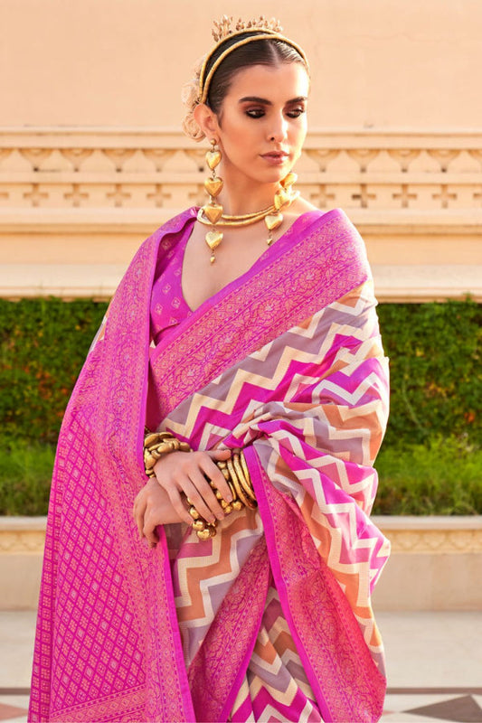 Lotus Pink Foil Print Zari Woven Silk Saree