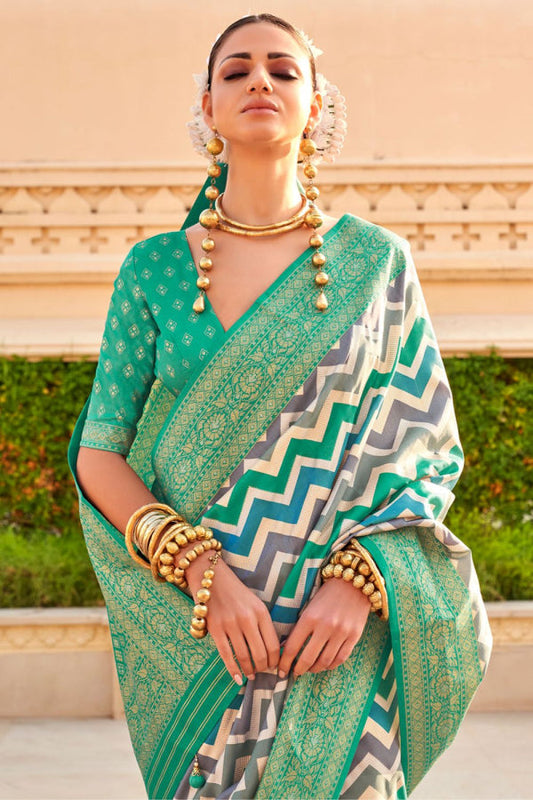 Sea Green Foil Print Zari Woven Silk Saree
