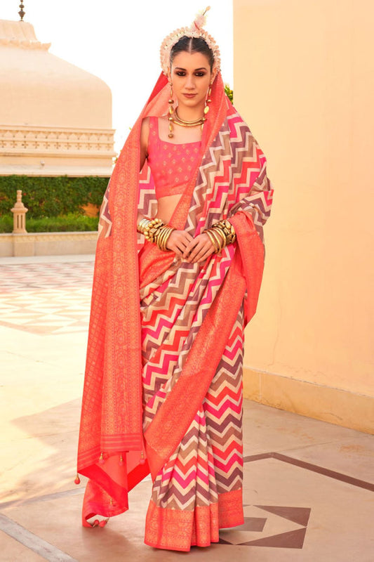 Peach Foil Print Zari Woven Silk Saree