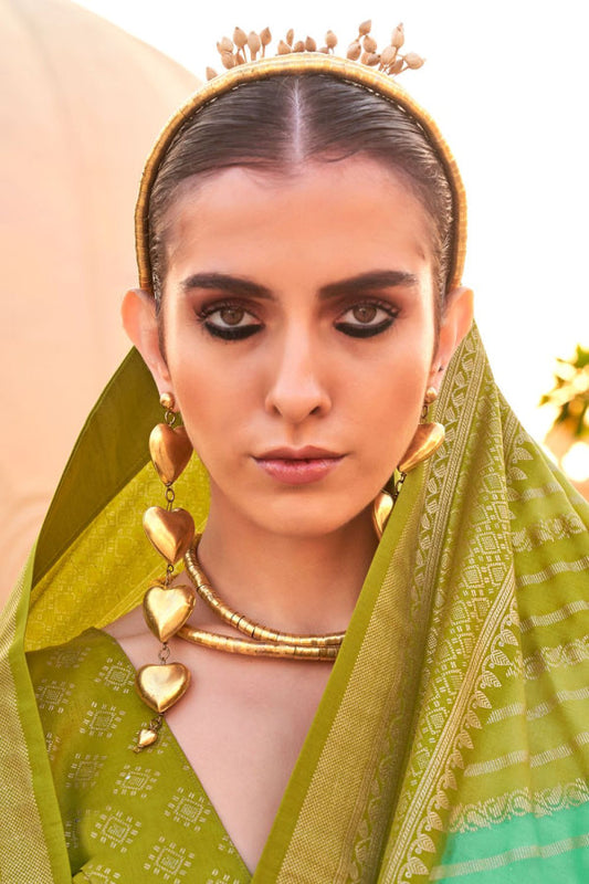 Olive Green Zari Woven Foil Print Silk Saree