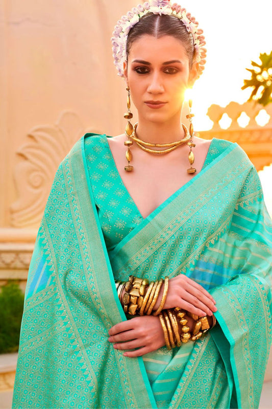 Turquoise Foil Print Zari Woven Silk Saree