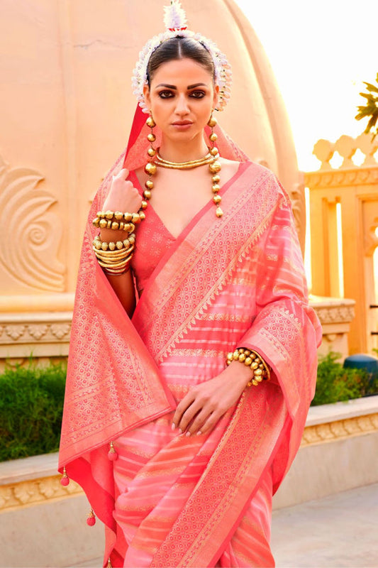 Light Pink Foil Print Zari Woven Silk Saree