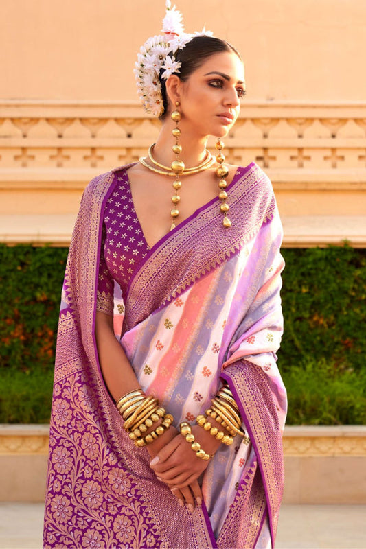 Purple and Off-White Foil Print Zari Woven Silk Saree
