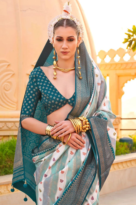 Firozi and Off-White Foil Print Zari Woven Silk Saree