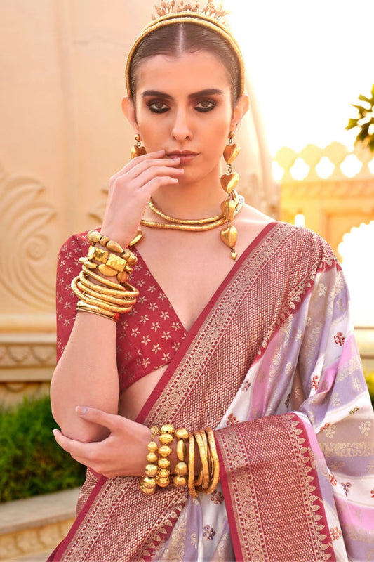 Red Foil Print Zari Woven Silk Saree