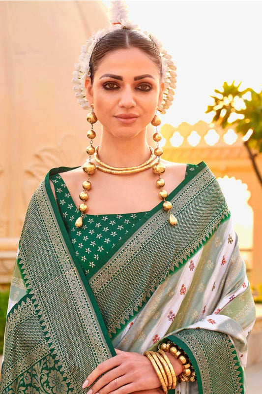 Dark Green and Off-White Foil Print Zari Woven Silk Saree