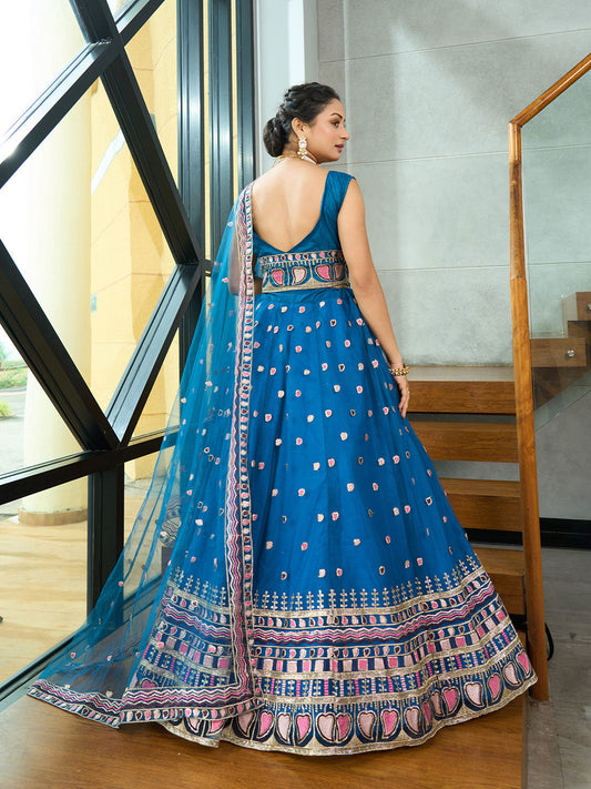 Turquoise Sequins Embroidered Net Lehenga Choli