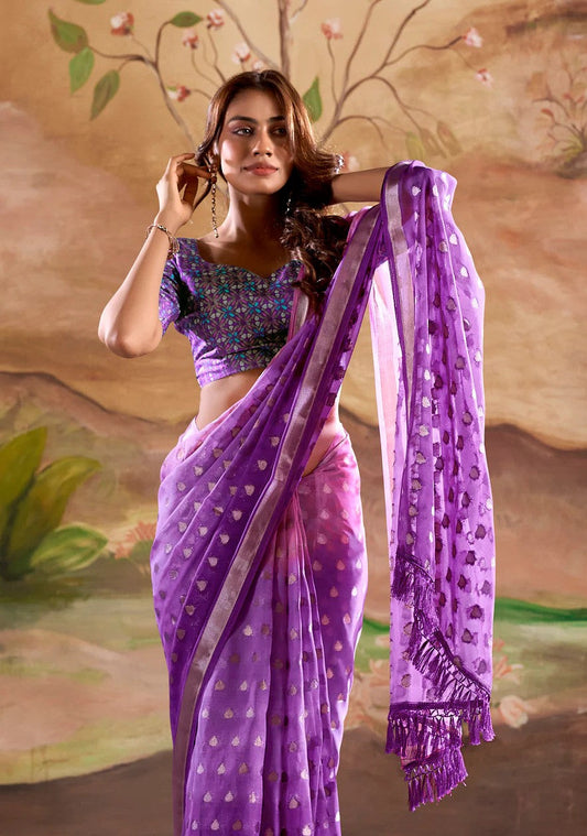 Violet Banarasi Georgette Zari Work Saree