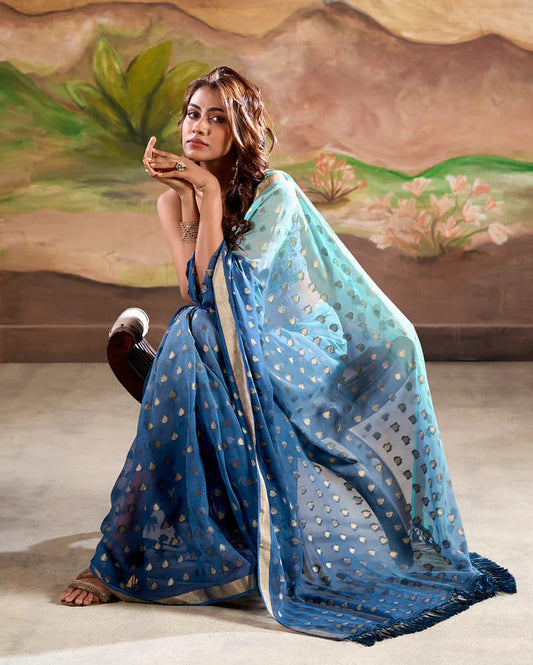 Blue Green Banarasi Georgette Zari Work Saree