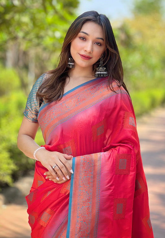 Pink Contrast Zari Woven Soft Silk Saree with Blue Blouse