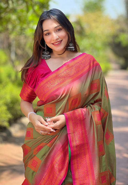Mahendi Green Zari Woven Soft Silk Saree with Red Blouse