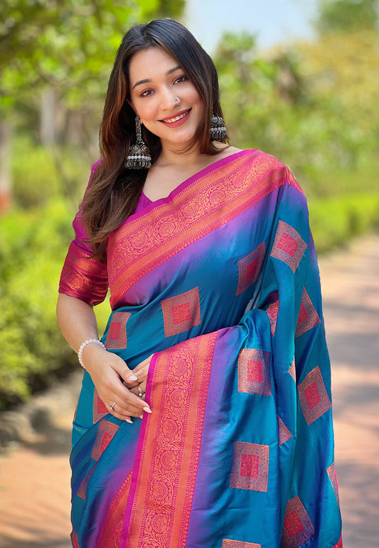 Blue Zari Woven Soft Silk Saree with Magenta Blouse