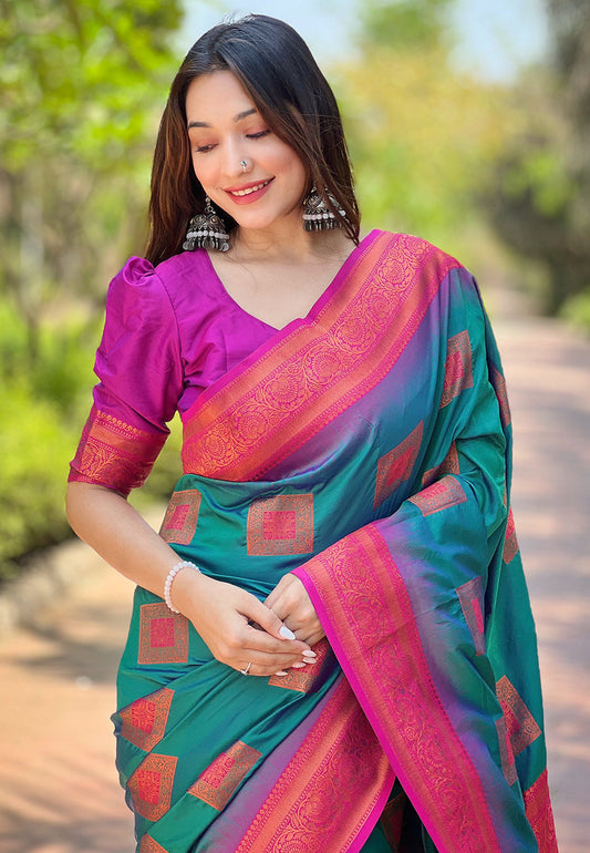 Rama Green Zari Woven Soft Silk Saree with Magenta Blouse