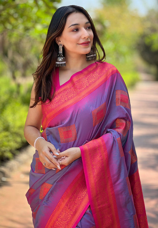 Purple Zari Woven Soft Silk Saree with Pink Blouse