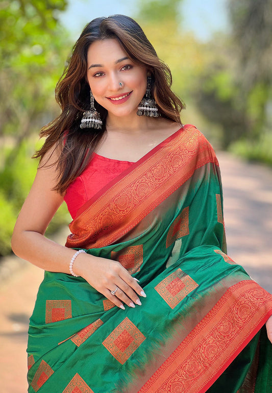 Green Zari Woven Soft Silk Saree with Red Blouse