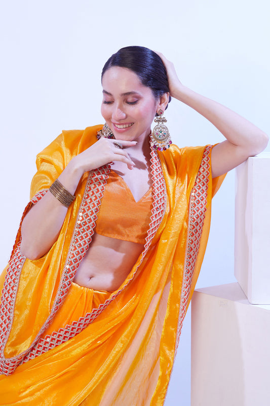 Yellow Satin Lace Work Party Wear Saree